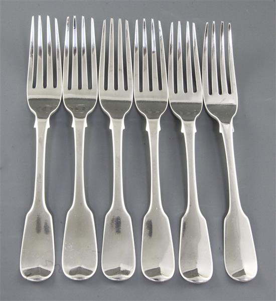 A set of six George IV silver fiddle pattern table forks, by Randall Chatterton, Length 202mm, weight 13.9oz/434grms